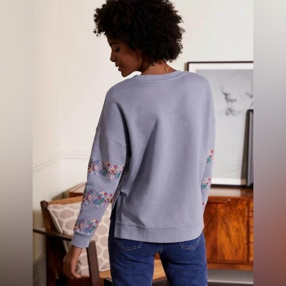 Boden Jasmine Boho Floral Embroidered Pullover Sweatshirt Shacket Top in River - Picture 4 of 11
